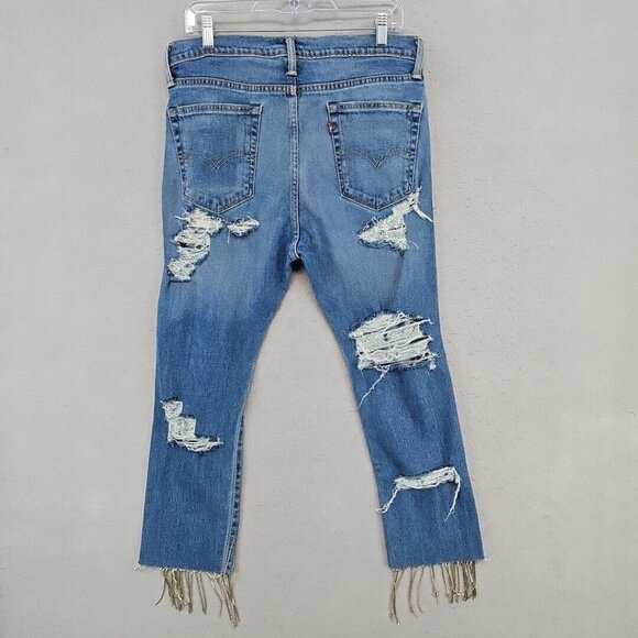 Custom Levi's Womens 33 Blue Distressed Front & Back Rhinestone Fringe Festival - Picture 12 of 16